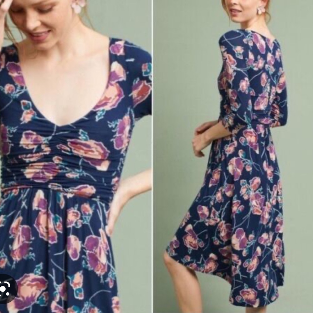 Anthropologie Maeve Navy Blue Floral Ruched High Low Dress Size Large Petite